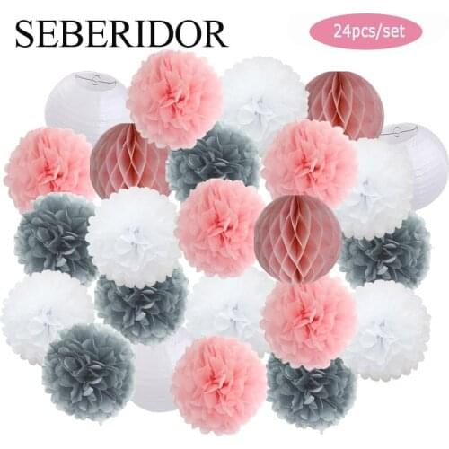 24pcs/Set 6" 8" 10" 12" Baby Girl Shower Decor Grey Pink Paper Lantern Zebra Mermaid Party Favor Tissue Pom Pom Black Yellow