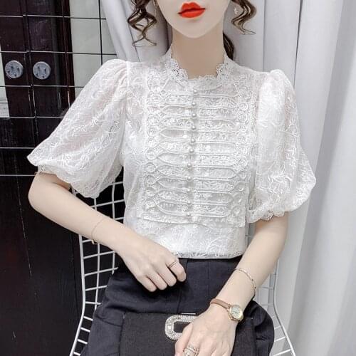 Lace Patchwork Blouse Women Short Puff Sleeve 2021 Summer New Elegant Pearl Button Elegant Ladies Shirts Vintage Blusas Tops