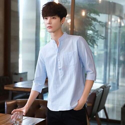MRMT 2021 Brand Summer Mens Shirts Seven-quarter Sleeve Shirt for Male Collar Inch Shirt Casual Cotton and Linen Tops Shirt