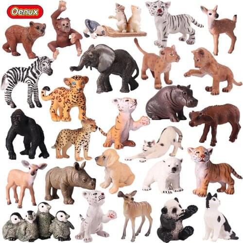 Oenux Genuine Zoo Animals Model Simulation Mini Wild Panda Tigers Lions Giraffe Animal Figurines PVC Action Figure Toy For Kids