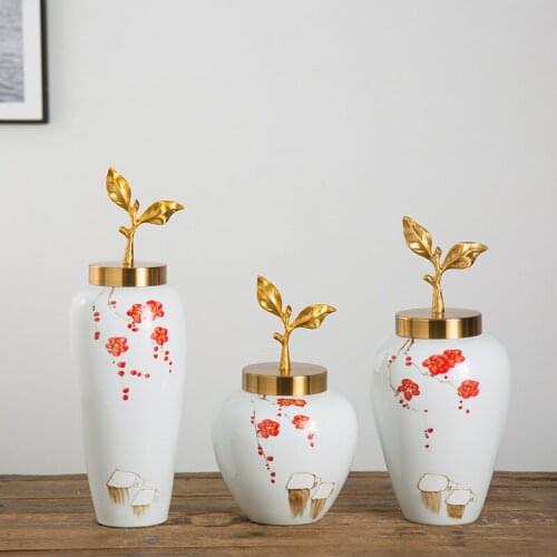 Classical Cherry Blossom Painting Ceramic Vase Gold Leaf Cover Storage Jar Flower Arrangement Porcelain Vases