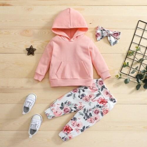 Baby Girls Clothes Set, Solid Color Long Sleeve Hooded Tops+Floral Print Trousers+Bow-knot Headband Spring Autumn