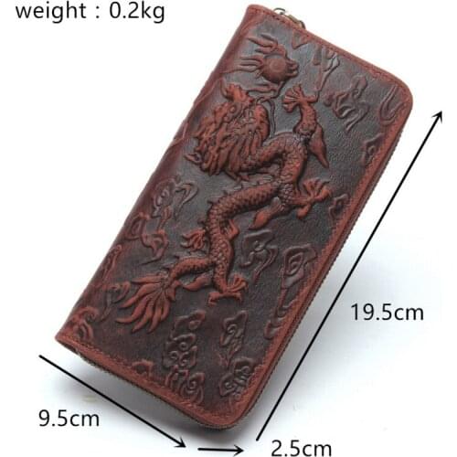 New Handmade Chinese Dragon Genuine Leather Wallet Women Men Vintage Cowhide Wallets Card Holder Purse Coin/Cellphone Pocket Bag