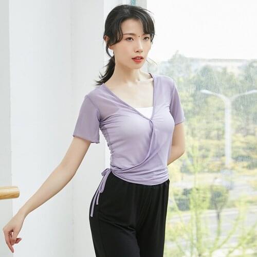 Summer New Sexy V-neck Mesh Blouse Women Ballet Practice Clothes Short-sleeved Latin Dance Tops Ballroom Dance Practice Clothes