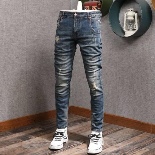 Italian Style Fashion Men Jeans Retro Blue Elastic Slim Fit Ripped Jeans For Men Vintage Designer Casual Cotton Denim Pants