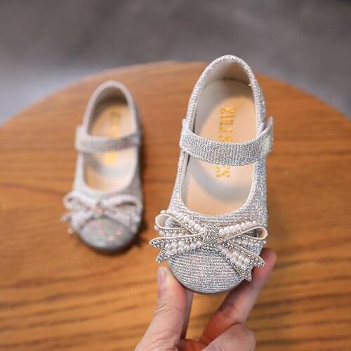 2021 New Summer Girls Leather Shoes Children Girls Baby Princess Soft Sequin Bow Sneakers Pearl Single Shoes Girls Dance Shoes