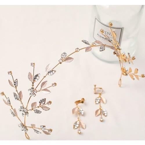 Trendy Two-Piece Golden Leaf Rhinestone Wedding Headband Earrings Hair Accessories Ladies Party Jewelry Bride Tiara Hair Vine