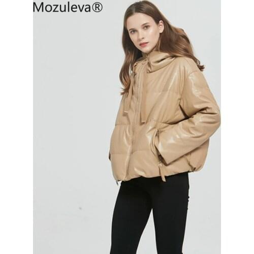 Mozuleva Women Thick Warm PU Faux Leather Padded Coat 2020 Winter Zipper Hooded Jacket Parka Long Sleeve Pockets Outerwear Tops