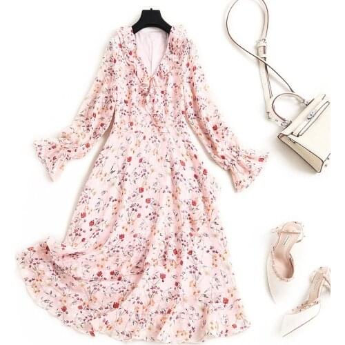 Women Girls Cute Pink Chiffon Dress New 2021 Spring Summer Sexy V-neck Flare Sleeve Floral Print Ruffles Dresses Black