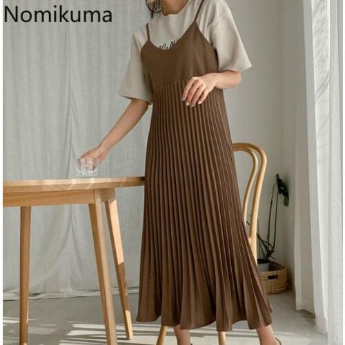 Nomikuma New Fashion Pleated Dress Women Solid Color Slim Waist Mid Calf Spaghetti Strap Dresses Female Korean Vestidos 3d504