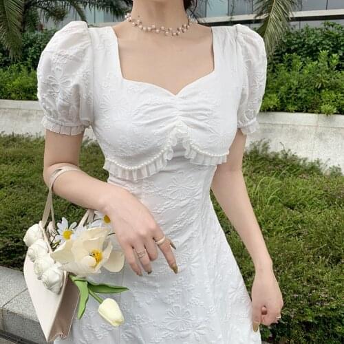 Vintage Bow V-Neck Korean Dress for Women Puff Sleeve Sexy Woman Dress Elegant Fairy White Long Dresses Summer 2021 New Clothes