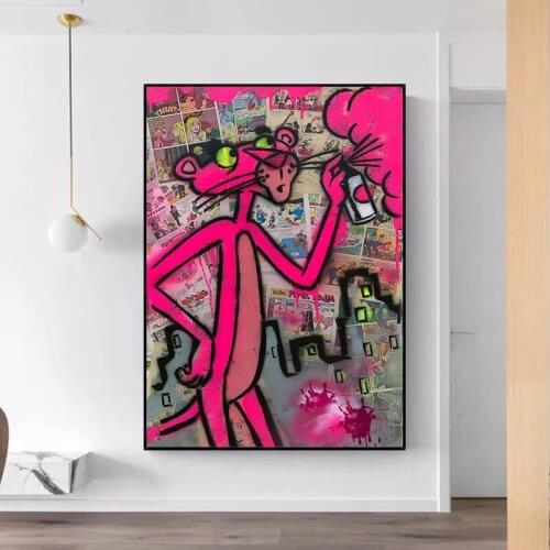 Graffitti Street Art Canvas Posters and Prints Pink Leopard Animal Pop Cartoon Painting on The Wall Spray Can Picture Home Decor
