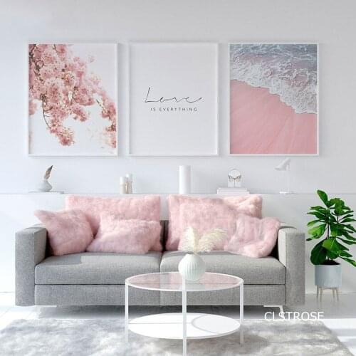 Nordic Modern Style Sweet Pink Peach Blossom Seaview Posters Art Canvas Pictures For Living Room Decorative Painting Unframed