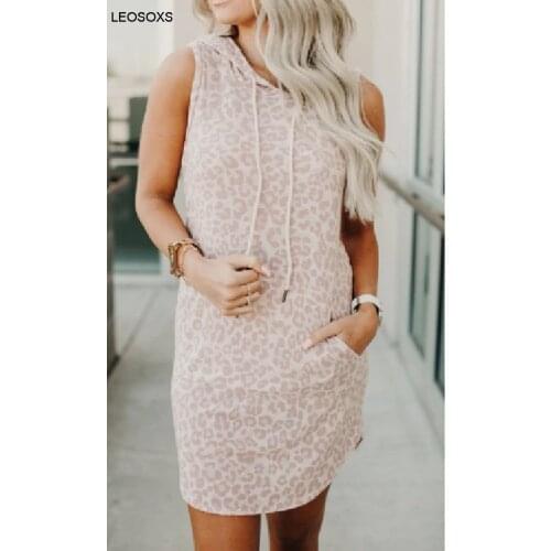 Casual Womens Dresses 2021 Summer New Sleeveless Leopard Print Hooded Drawstring T Dress 5 Colors Short Dress