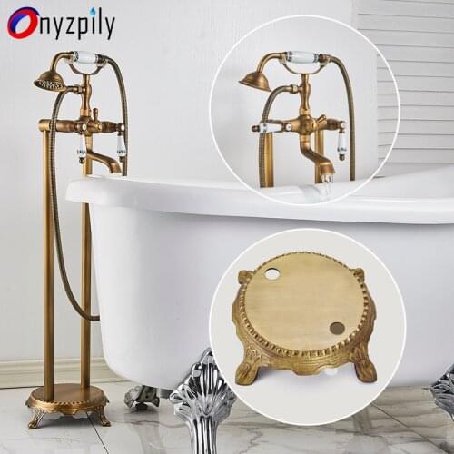 Bathroom Antique/Golden Standing Bathtub Shower Faucet 360 Rotation Swivel Spout with Flexible PhoneHandle Hot Cold Mixer Tap