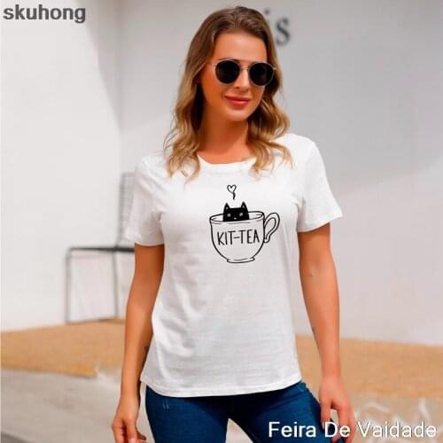 Cat In The Cup Printing T-shirts Women Summer Graphic Tees Funny Shirts For Woman Tshirts Loose Crew Neck O-neckBlack Tees