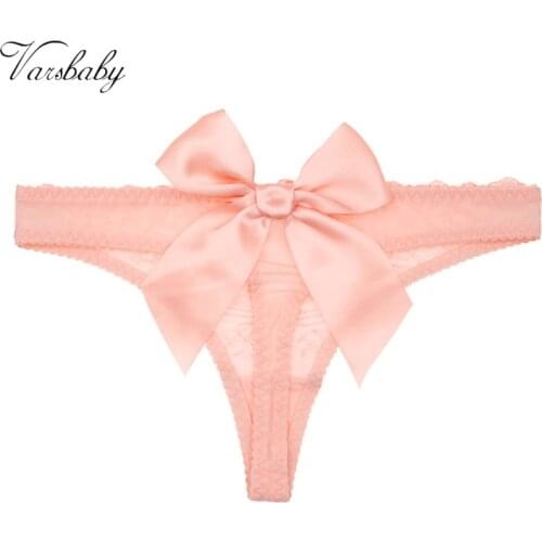 Varsbaby beautiful bow transparent lace thong sexy underwear panties for women