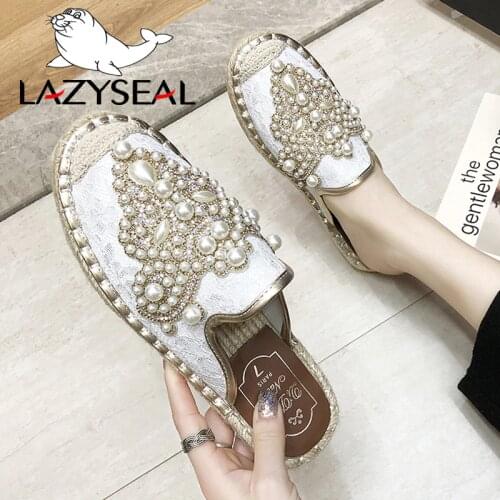 LazySeal New String Bead Half Slippers Spring Slides Women Shoes Pearl Hemp Flat Heel Shoes Women Cotton Fabric Lace Mules Shoes