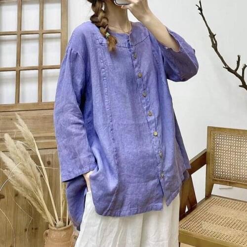 Johnature New Vintage Linen Women Irregular Shirts 2021 Summer Single-breasted Solid Color Loose Three Quarter Sleeve Blouses