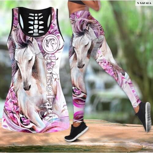 Love Horse 3D Printed Women Two Piece Yoga Set Vest Hollow Combo Tank Top Legging Waist Sport Fitness Quick Dry E23