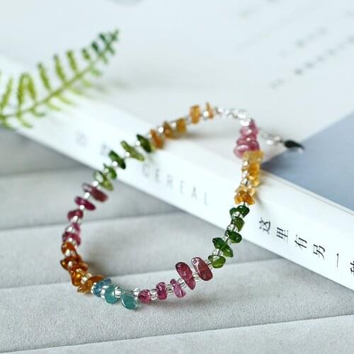 Fine Colorful Natural Irregular Tourmaline Gem Stone Bracelet Healing Reiki Adjustbale Bangle for Women 925 Silver Jewelry