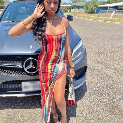 Elegant Tie Dye Print Backless Bodycon Midi Dress Women Strap Colorful Sexy Evening Party Slit Long Dresses Summer Streetwear