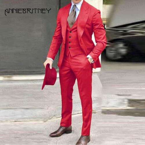 2020 Red Suit Men 3 pieces Custom Size Prom Wedding Suits for Men Groom Tuxedos Blazer Slim Fit Mens Suit Jacket Vest Pants Set