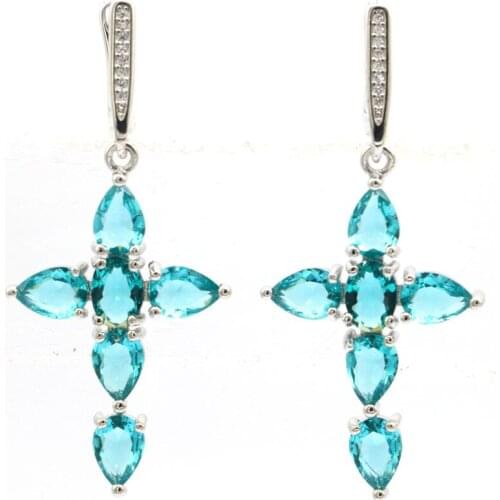 26x22mm Gorgeous SheCrown Created Dark London Blue Topaz Gift For Womans Wedding Silver Earrings