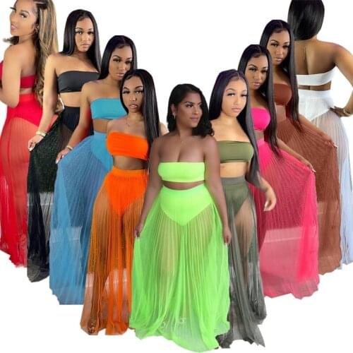 Adogirl See Through Mesh 2 Piece Set Women Off Shoulder Crop Tank Top+ Maxi Skirts 2021 Summer Holiday Neon Beach Bathing Suit