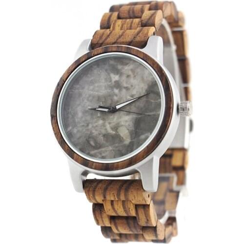 Oem Logo Quartz Engraved Glow in the Dark Silver Look Gray Marble Dial and Zebra Band Wooden Watch for Men with Luminous Hand