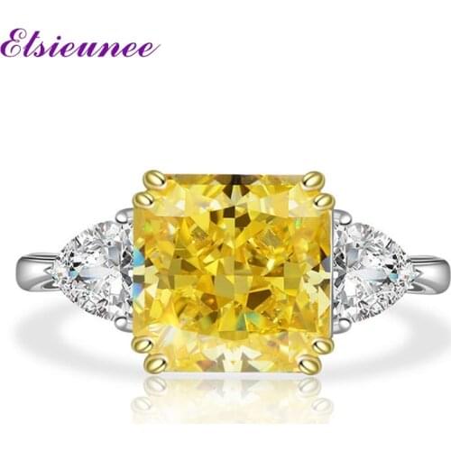 ELSIEUNEE 100% Solid 925 Sterling Silver 10x10mm Created Moissanite Citrine Quartz Diamond Wedding Engagement Ring Fine Jewelry