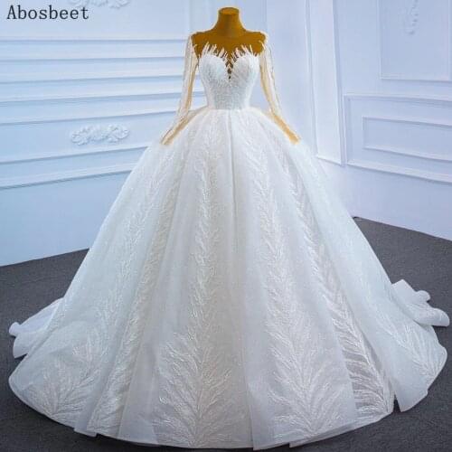 2021 Embroidery Lace Ball Gown Wedding Dress Long Sleeve White Elegant Wedding Gown Shining Sequins Long Train Lace Up Back