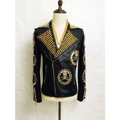 Customized Men Rivets Leather Jacket Costumes Cool Skeleton Motocycle Punk Outwear Nightclub Male Singer Stage performance coat