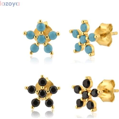 Lozoya 925 Sterling Silver Five Zircon Flower Turquoise Black Stud Earring Piercing For Women Luxury Jewelry Rock Punk
