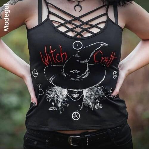 Modegal Womens Grunge Witch Print Criss Cross Front Spaghetti Straps Graphic Hollow Out Halloween Cami Top