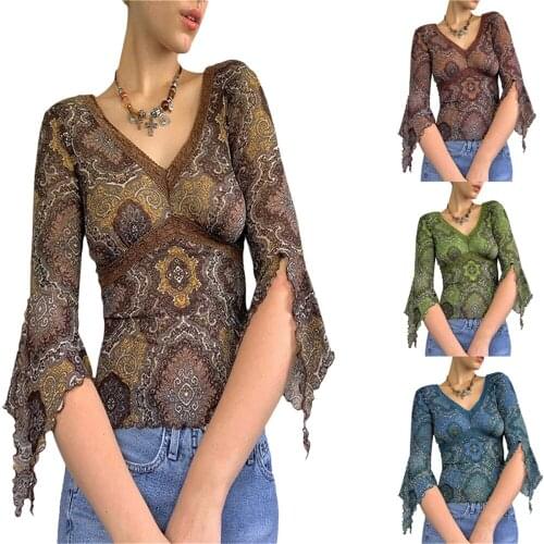 Fashion Women Sexy See Through Y2K Mesh V-neck Floral Lace T-Shirt Ladies Girls Autumn Vintage Long Sleeve E-Girls Crop Tops