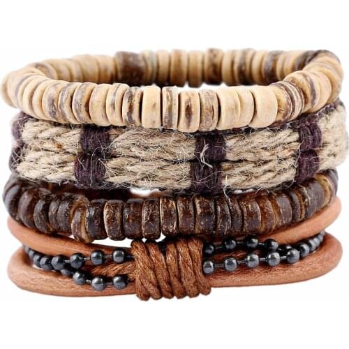 Trendy Punk Vintage Ethnic DIY 4 Pcs/set Wrap Beads Woven Men Leather Bracelets For Women Homme Femme Jewelry Accessories