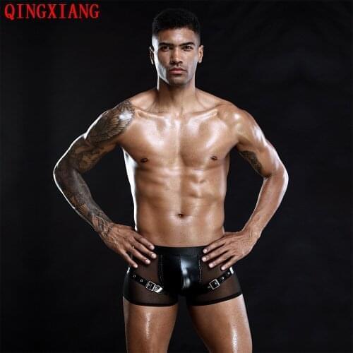 2020 Sexy Night Club PU Boxer Pants Back See G-strings Metal Straps Thongs Gay Black Underwear Men Leather Sheath Short Panties