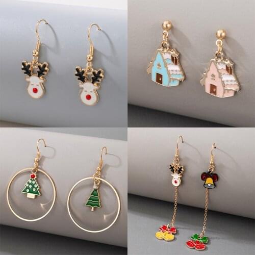 Docona 2021 Merry Christmas Elk Drop Dangle Earrings Set Christmas Tree Snowflake Geometric Rhinestone Earrings for Women Girls