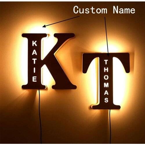 Personalized Wall Decor LED Night Light 26 Letter Custom Name Sign Light Baby Room Bedroom Wooden Lamp Engraved Romantic Gift