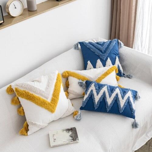 Handmade Cushion Cover Moroccan Style Abstract Zigzag Navy Blue Pillowcase Tassels Fringe Square Rectangle Pillow Cover