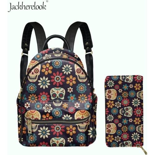 Funny Skull Pattern Casual Female Shoulders Bag with Coin Purse Set Fashion Pu Leather Backpack Card Holder Wallet Bolsos Mujer