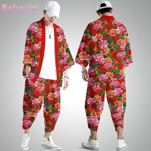 Plus Size XXS-6XL Red Blue Flowers Street Fashion Beach Japanese Kimono Robe Cardigan Men Shirts Yukata Haori Womens Clothing