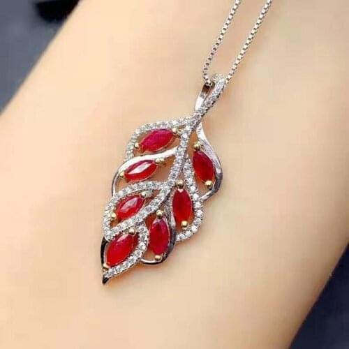 Natural Ruby Leaf Shape Pendants Necklace S925 Sterling Silver Fine Fashion Charm Jewelry For Women Free Shipping MeibaPJFS