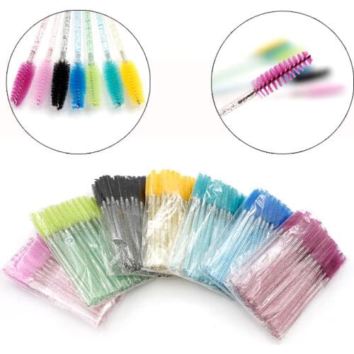 50 Pcs/Pack Disposable Crystal Eyelash Makeup Brush Diamond Handle Mascara Wands Applicator Spoolers Eyelash Extension Tools