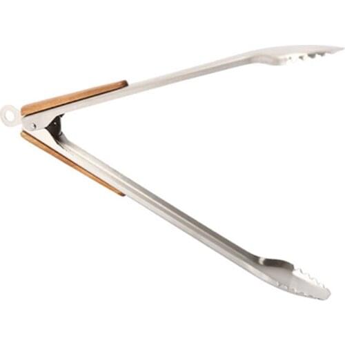 Stainless Steel BBQ Tongs Kitchen Heat Resistant Wood Handle Larger Tong Kitchen Outdoor Tools BBQ Clips Barbecue Clip