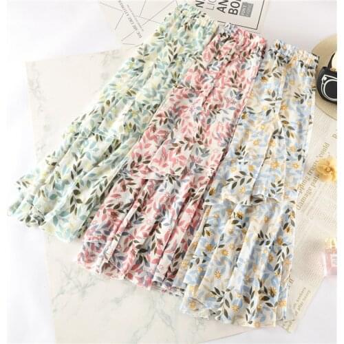 Chiffon Skirts 2020 Spring Summer New Small Leaves Printed Elastic Waist Mid-length Elegant Irregular Chiffon Floral Skirt Z784