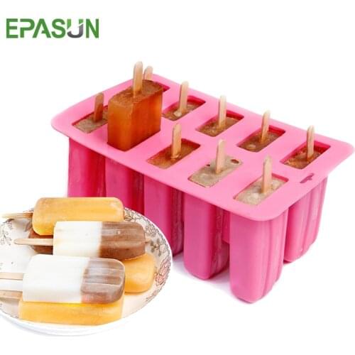 EPASUN 10 Grids Silicone Ice Cream Mold Form Popsicle Mold Cool Frozen Ice Tray Puck Popsicle Maker Lolly Mousse Ice Cream Tool