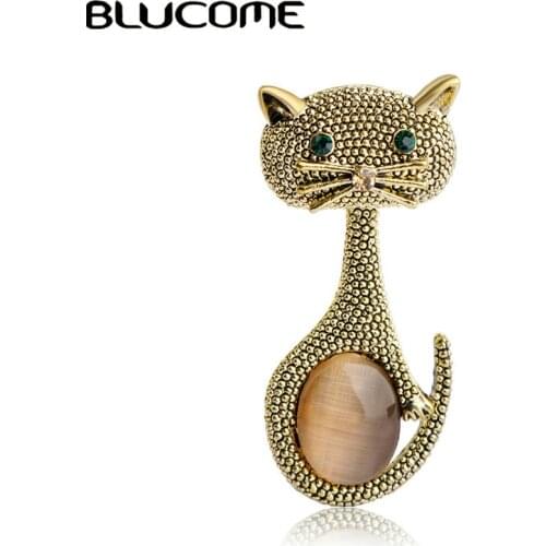 Blucome Vintage Green Eyes Cats Brooch Corsage Antique Gold Color Opals Animal Brooches For Women Kids Small Hijab Pins Jewelry