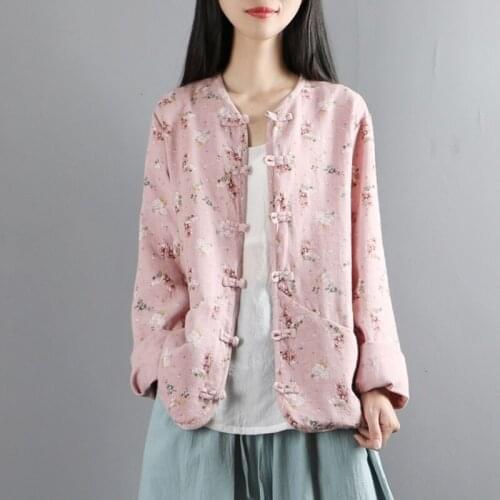 Floral Women Parkas 2019 Autumn Spring Cotton Linen New National Retro Buttons Cotton-Padded Clothes Women Thick Coat AA5102
